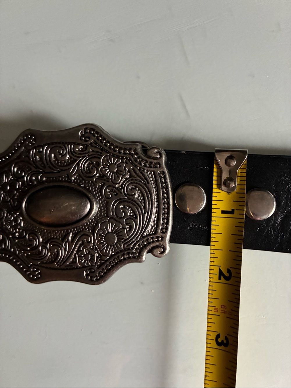 Black Leather Belt with Ornate Silver Buckle - Picture 5 of 7